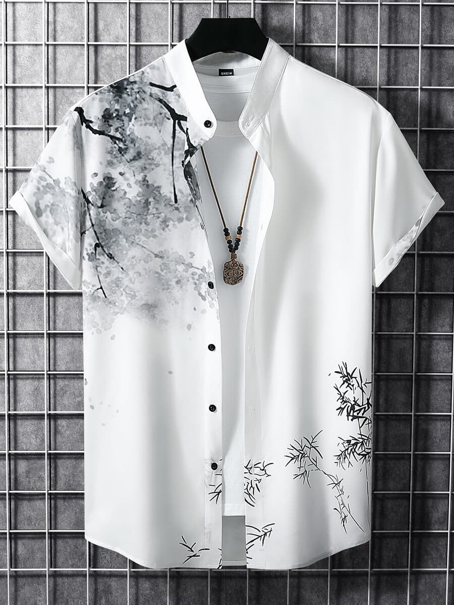 Men B&W Sakura Print Button Up Shirt