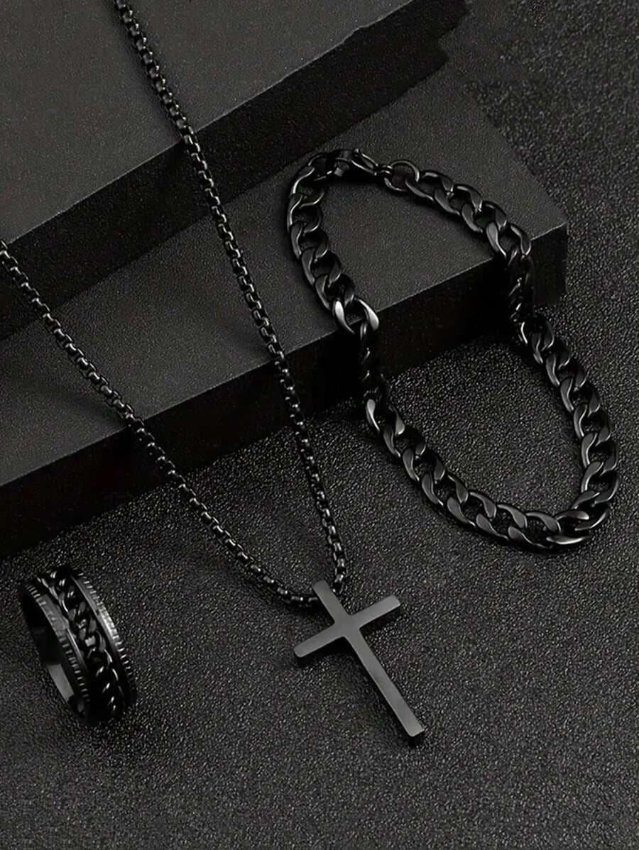 Chain Necklace Black Cross 3-Piece